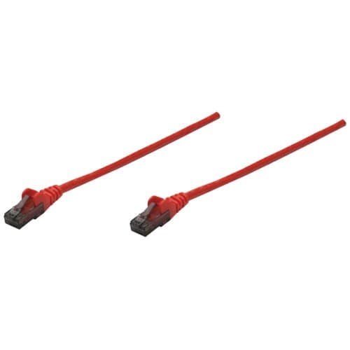Red Intellinet Cat6 UTP patch cable, 1.5 feet long, featuring a flexible PVC jacket and snag-free boots for durability and ease of use.