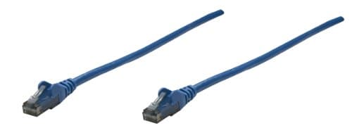 Blue 5m Cat6 network patch cable with CCA material, U/UTP configuration, PVC insulation, and RJ45 connectors on both ends.