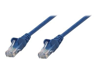 Blue Intellinet Cat6A network patch cable, 0.25m long, made of copper with S/FTP shielding, featuring clear plastic connectors on both ends.