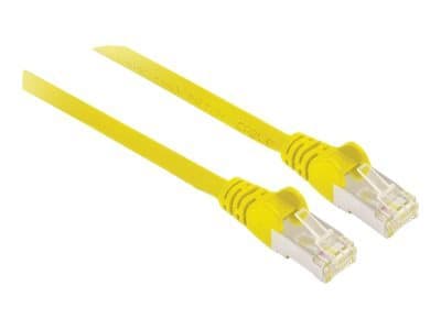 Yellow Cat6A patch cable, 0.5m long, featuring copper S/FTP construction, snagless booted design, and gold-plated RJ45 contacts, packaged in a polybag.