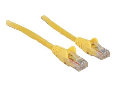 Yellow Intellinet Cat6A network patch cable, 30m long, made of copper with S/FTP shielding, featuring clear connectors on both ends.