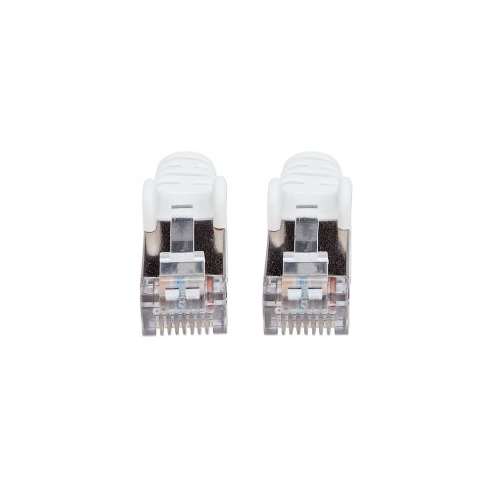 White Intellinet Cat7 network patch cable, 1 meter long, featuring transparent Cat6A plugs with metallic contacts and a flexible design for high-speed connectivity.