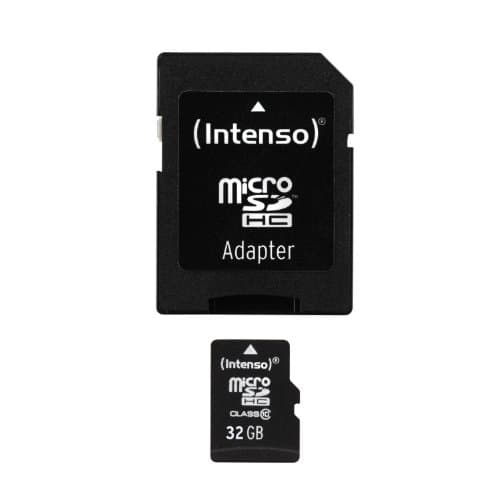 Black Intenso 32GB MicroSDHC Class 10 card with an adapter, featuring a sleek design and clear labeling for easy identification and use.