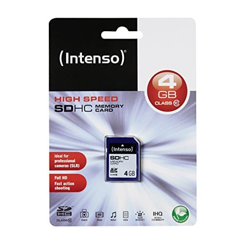 Blue Intenso 4GB SDHC memory card in packaging, featuring a high-speed design, Class 10 rating, and a speed of 20 MB/s, ideal for professional cameras.