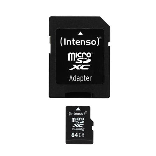 Black Intenso 64GB MicroSDHC MicroSDXC Class 10 card with a small white logo, accompanied by a black adapter card, both featuring a sleek, rectangular design.
