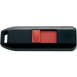 Black USB flash drive with a red sliding cover, featuring a keyring hole and marked "Intenso 8GB USB2.0" for easy identification and portability.