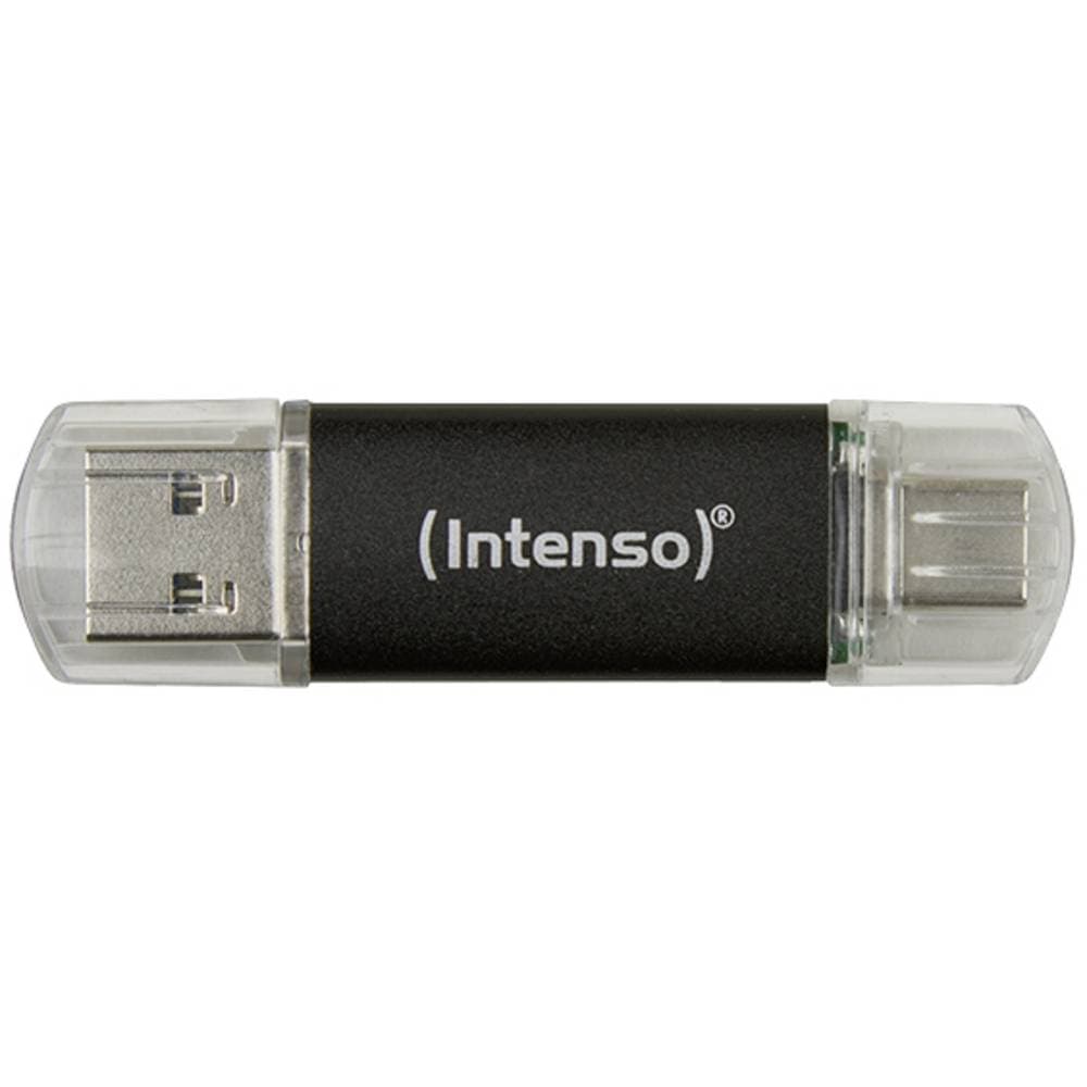 Black Intenso Twist Line USB flash drive with a transparent cap, featuring both USB Type-A and USB Type-C connectors, labeled with the Intenso logo, 64 GB capacity.