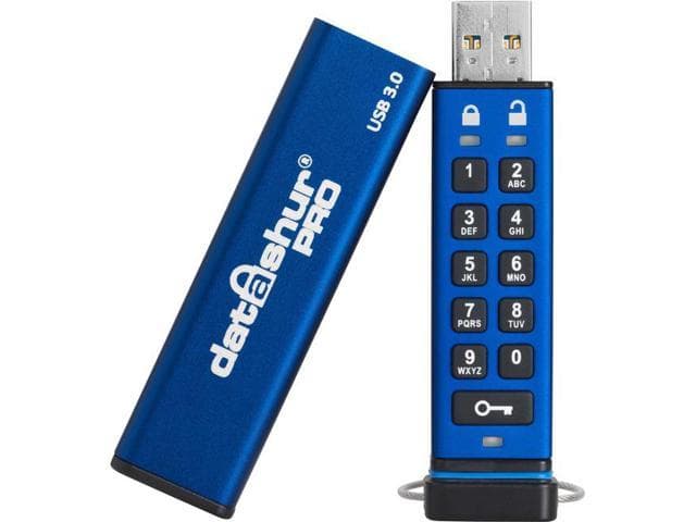 Blue metal USB flash drive with a keypad for secure access, labeled "DatAshur PRO," featuring a removable cap and USB 3.0 connectivity, designed for high-level data protection.
