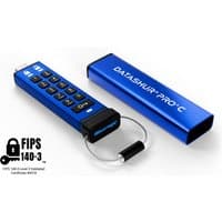 Blue iStorage datAshur PRO+C USB drive with keypad, Type-C connector, and protective cap, FIPS 140-3 Level 3 badge.