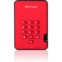 Red iStorage diskAshur² 2TB HDD with numeric keypad, black trim, and secure PIN entry system.
