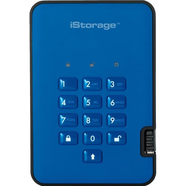 Blue iStorage DiskAshur² HDD with a secure keypad, featuring a sleek design, AES-XTS encryption, and a capacity of 3TB, ideal for portable data storage.