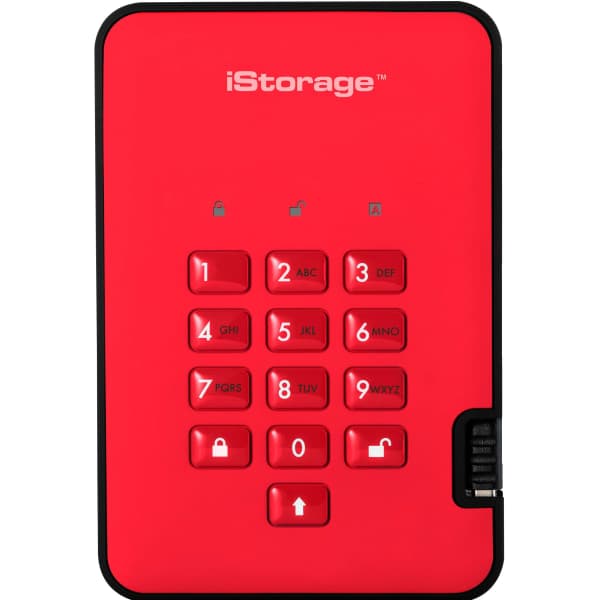 Red iStorage DiskAshur² HDD with a keypad on the front for secure access, featuring a durable casing and a compact design, labeled with the brand name and model.