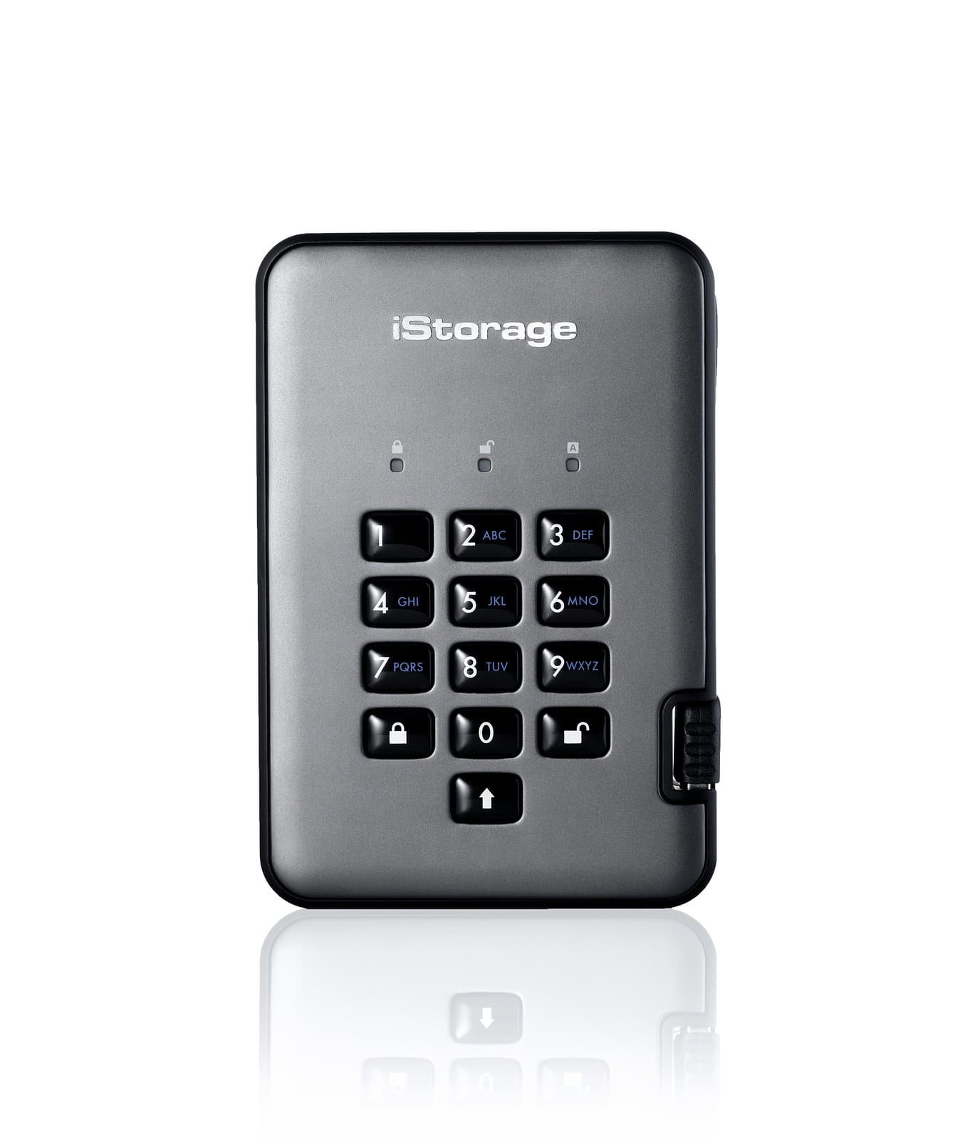 Black portable SSD with a keypad featuring numeric buttons, a sleek metallic finish, and an iStorage logo, designed for secure data storage.