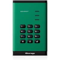 Green iStorage diskAshur³ 1TB SSD with numeric keypad, black trim, and status lights, PIN protected, water/dust resistant.