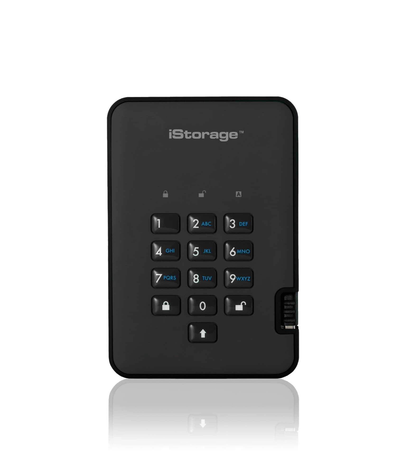 Black iStorage DiskAshur² SSD, 8TB portable solid state drive featuring a numeric keypad for secure access and a sleek, durable design.
