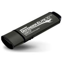 Black iStorage Kanguru Defender Elite30 USB 3.0 flash drive with silver text and kangaroo logo, 32GB capacity.