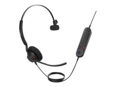 Black mono headset with a flexible microphone boom, padded ear cup, and an inline control unit featuring buttons for volume and mute.