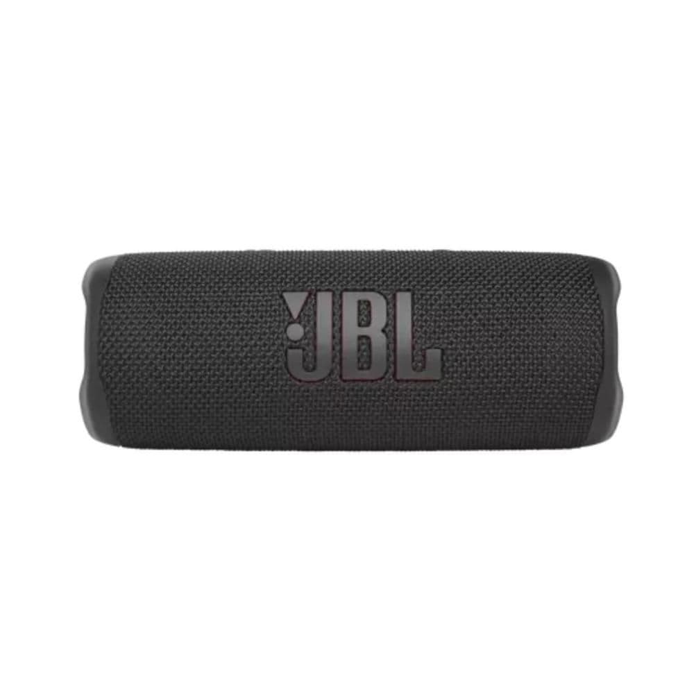Portable black JBL Flip 6 speaker with a textured fabric exterior, featuring a prominent JBL logo, and robust design for durability and sound quality.