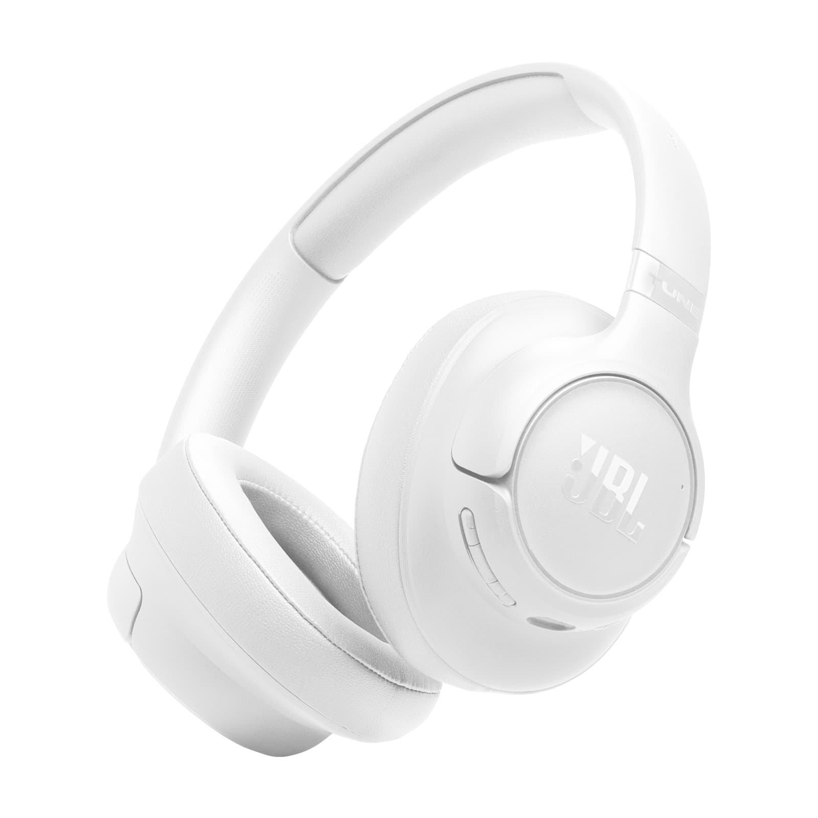 White JBL Tune 730BT headphones featuring a sleek design, cushioned ear cups, and adjustable headband, with visible control buttons on the ear cup.