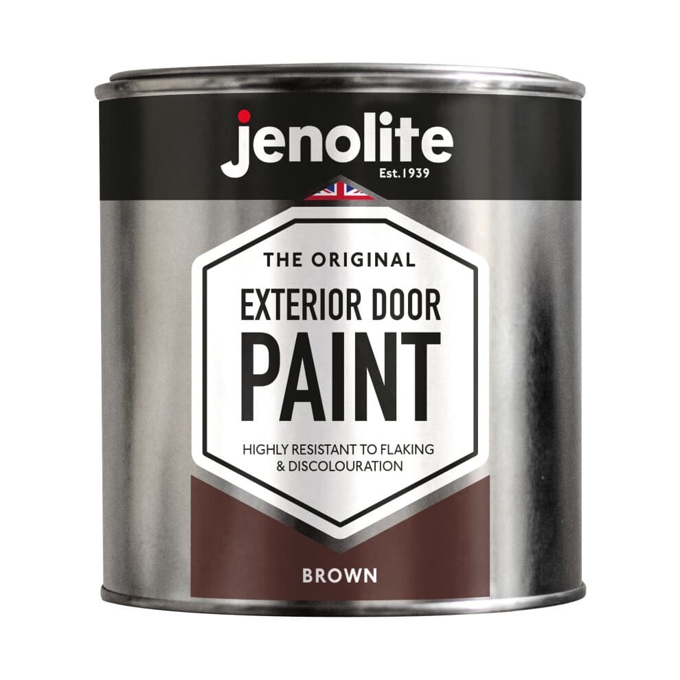 Brown 1-litre tin of JENOLITE Exterior Door Paint, labeled "THE ORIGINAL EXTERIOR DOOR PAINT," highlighting its resistance to flaking and discoloration.