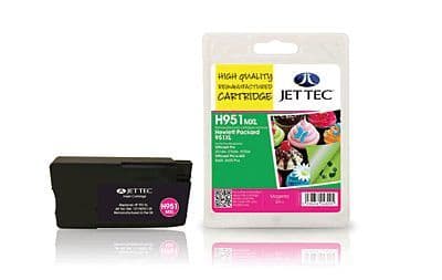 Remanufactured Jet Tec H951MXL ink cartridge in magenta, featuring a sleek black design, alongside packaging displaying colorful cupcake images and product details.