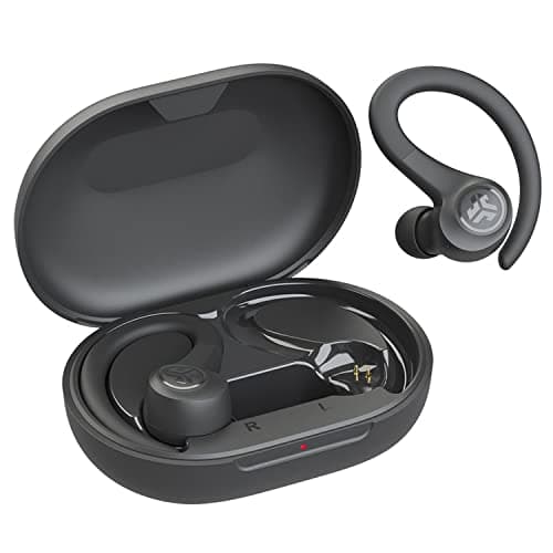 Graphite JLab Audio Go Air Sport True Wireless Earbuds with a sleek charging case, featuring ear hooks for secure fit and built-in microphone.