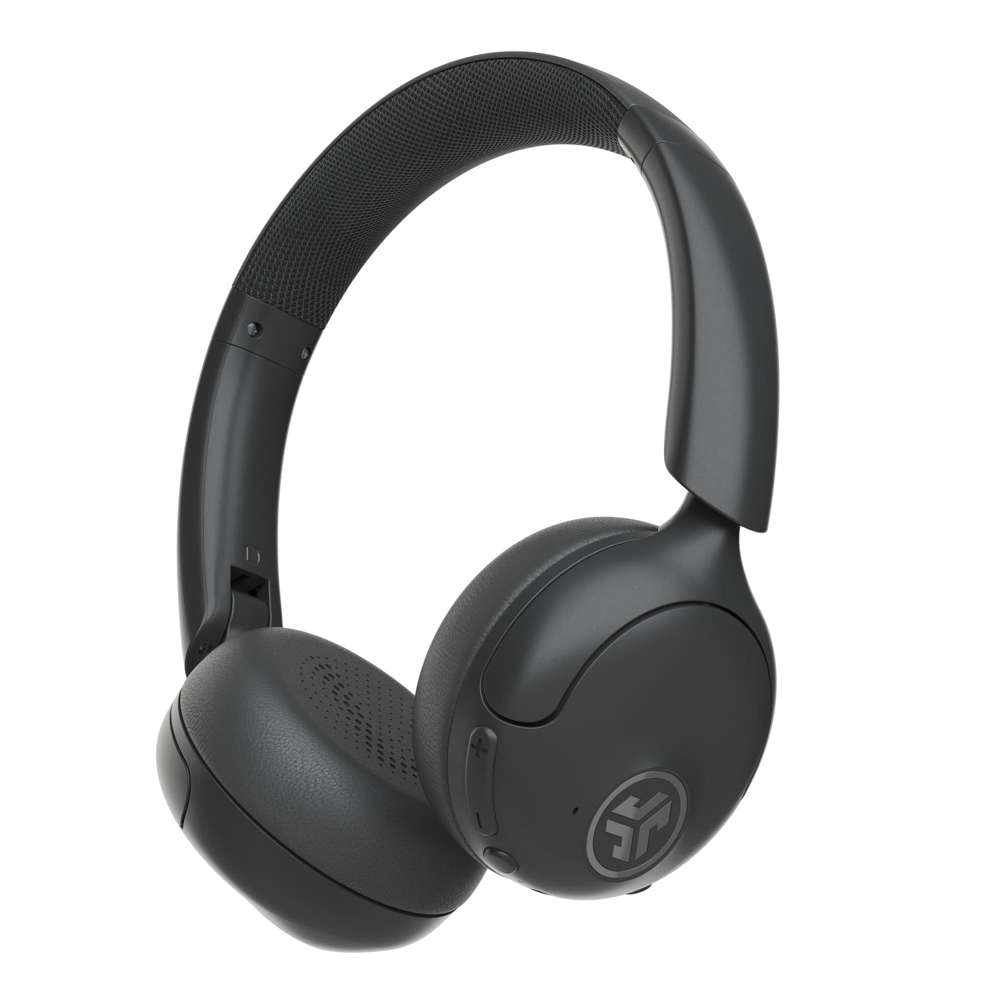 Black JLab Go Lux ANC Bluetooth wireless headphones featuring cushioned ear cups, a sleek design, and a textured headband for comfort.