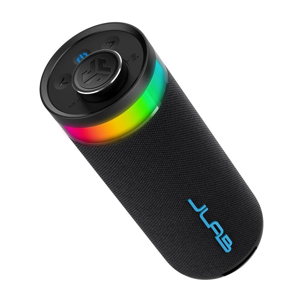 Black cylindrical portable Bluetooth speaker with a textured fabric exterior, featuring a colorful LED light ring and a central control dial on top.