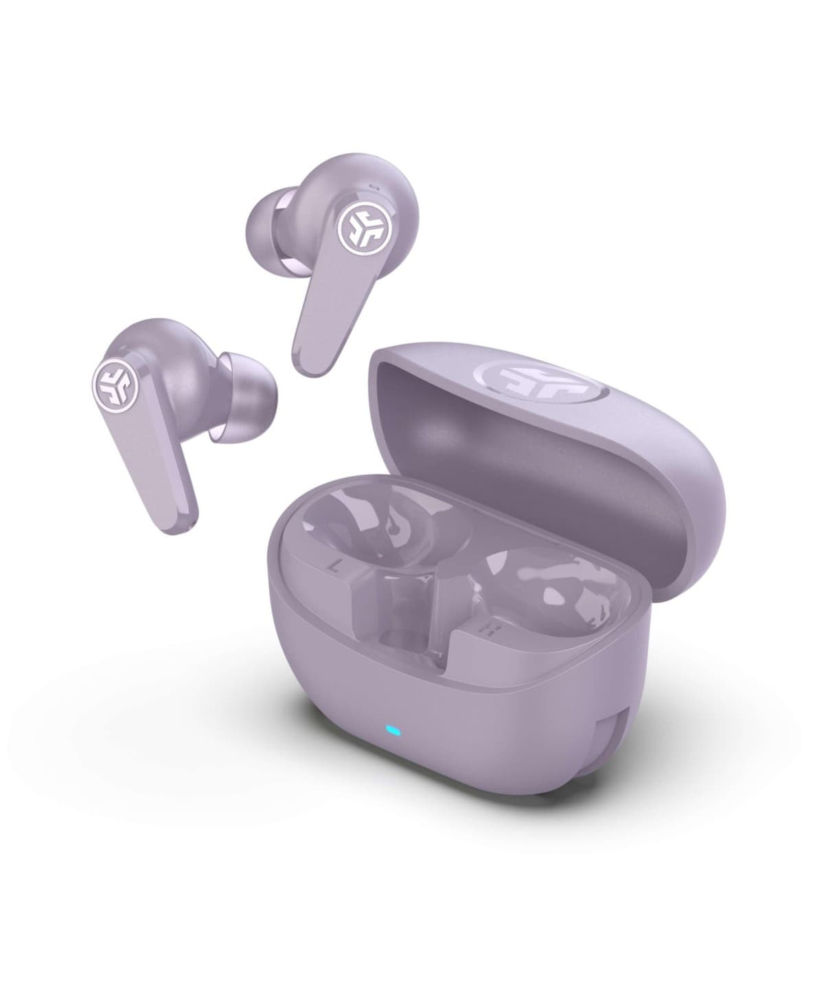 Lilac JLab Go Pods ANC True Wireless Earbuds in a matching charging case, featuring a sleek design, ergonomic shape, and a blue LED indicator on the case.