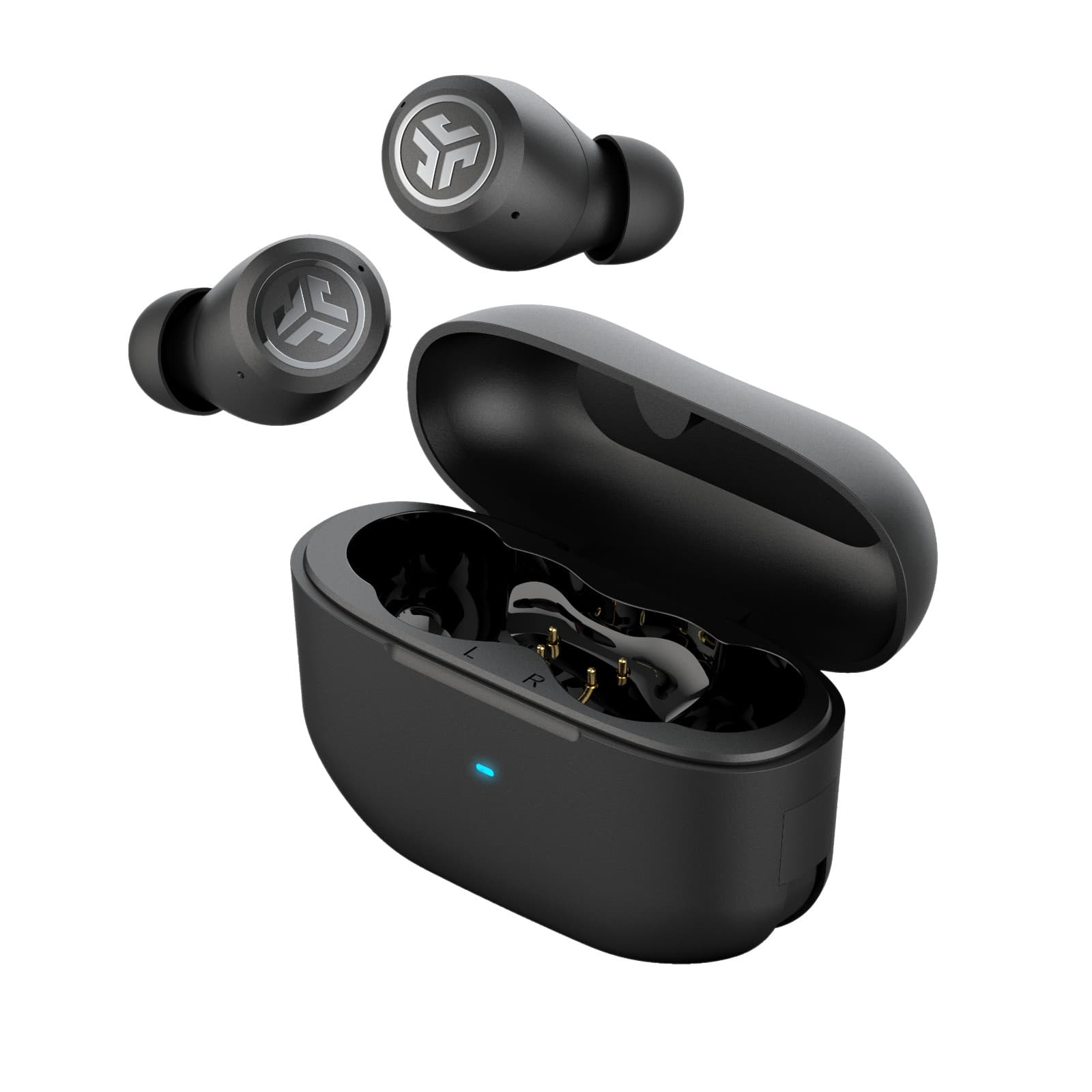Black JLab Audio JBuds ANC 3 True Wireless Earbuds with a sleek charging case, featuring a glossy finish and the JLab logo on each earbud.
