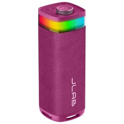 Portable Bluetooth speaker in mulberry color with a textured finish, featuring a rainbow LED light strip at the top and a prominent JLab logo on the side.