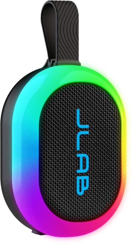 Black ultra-portable Bluetooth speaker with a vibrant rainbow LED light ring, featuring a textured speaker grille and a convenient carrying strap.