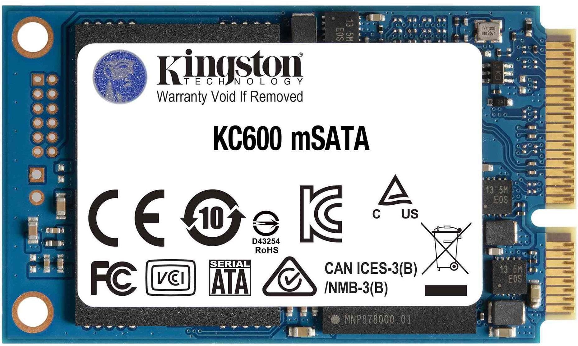 Kingston Technology KC600 mSATA solid state drive in blue and silver, featuring a label with logos, certifications, and a gold connector edge for SATA3 interface.