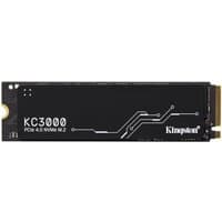 Black Kingston KC3000 M.2 2280 NVMe SSD with white circuit design and gold connector.