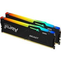 Black Kingston FURY Beast DDR5 RAM kit with RGB lighting, 64GB, 6000MT/s, CL30, featuring sleek angular design.