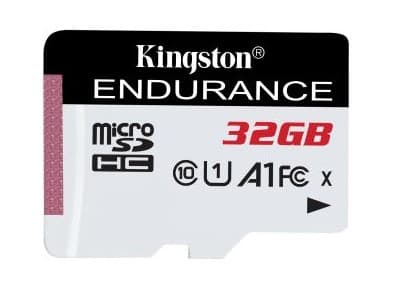 Kingston 32 GB MicroSD card in white and black with red accents, featuring UHS 1 U1 and Class 10 markings, designed for high-speed data transfer and endurance.