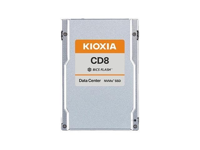 Kioxia CD8-V 12.8 TB SSD in a silver metal casing, featuring an orange and black label with "Kioxia" and "CD8" text, designed for PCI Express 4.0 NVMe storage solutions.