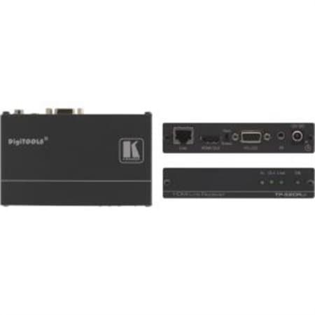 Black metal box featuring multiple ports, including HDMI, RS232, and audio connections, with a sleek design and labeled interface for easy connectivity.