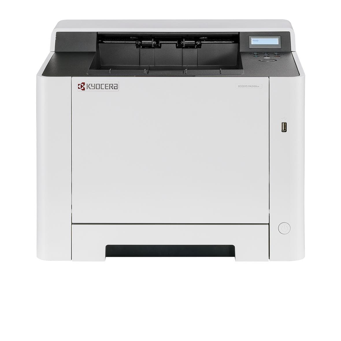 Kyocera ECOSYS PA2100cx printer in white with a sleek design, featuring a front paper tray, control panel, and USB port, capable of 1200 x 1200 DPI printing on A4 paper.