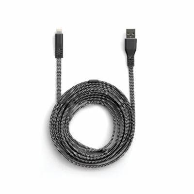 Lander Neve 10ft USB to Lightning cable in black with a braided exterior, featuring a durable design and sleek connectors at both ends.