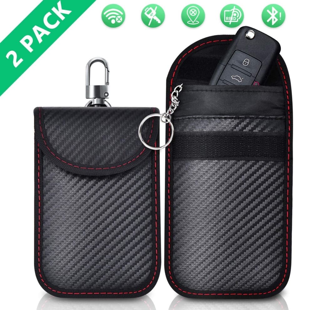 Two black carbon fiber-style Faraday bags with red stitching, designed for keyless entry car keys, featuring a secure closure and a keychain attachment.
