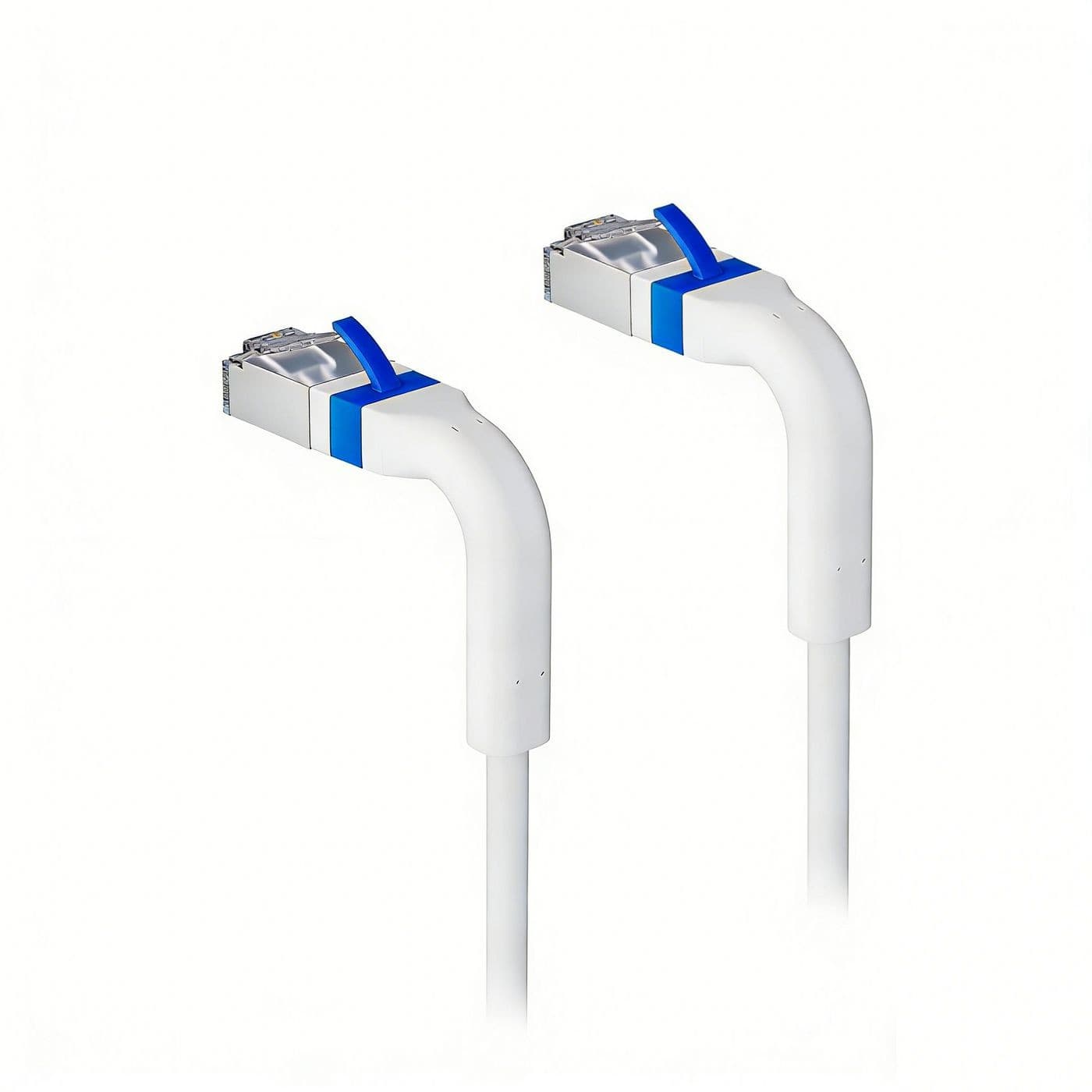 White networking cable with two angled connectors, featuring blue accents on the ends, designed for flexible installation and optimal connectivity.