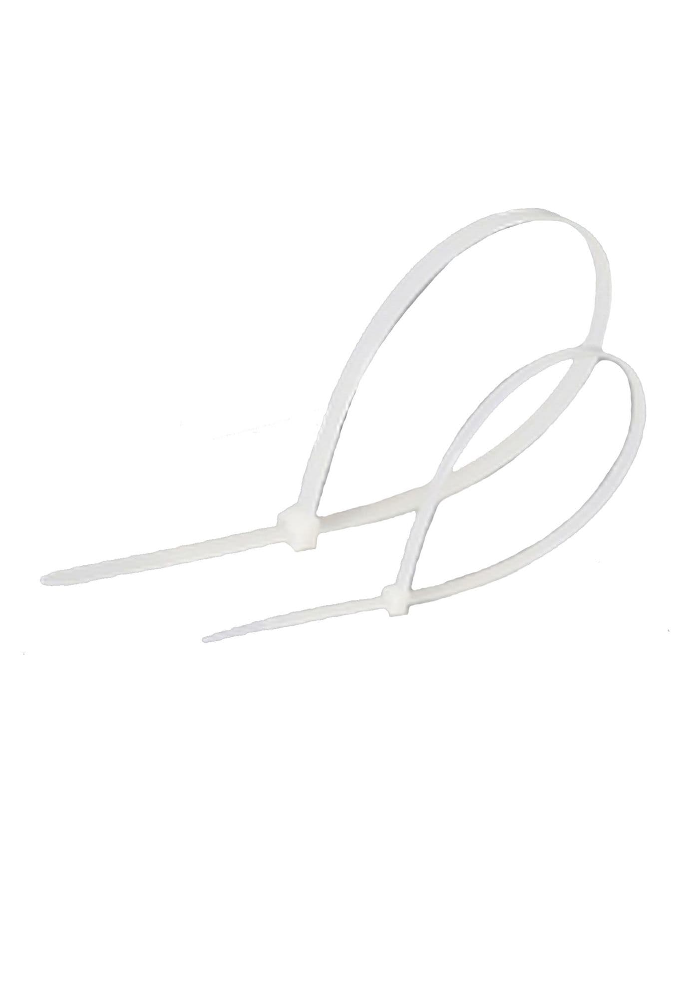 White nylon cable ties, featuring a tear-off design, packaged in a set of 100 pieces, suitable for organizing and securing cables.