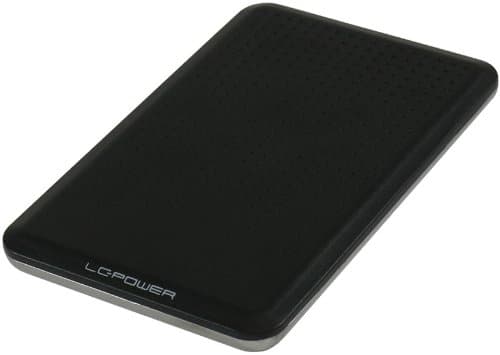 Black 2.5" storage drive enclosure by LC-Power featuring a sleek, matte finish with a textured surface for grip and the brand logo embossed on the bottom corner.