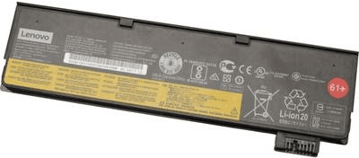 Lenovo 01AV425 laptop battery in black, featuring a yellow label with specifications, multiple certification symbols, and a connector at one end.