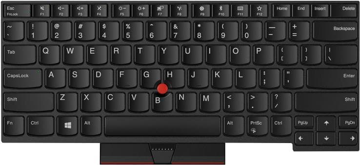 Black Lenovo laptop keyboard featuring a compact layout, with distinct red TrackPoint, function keys, and a smooth matte finish.