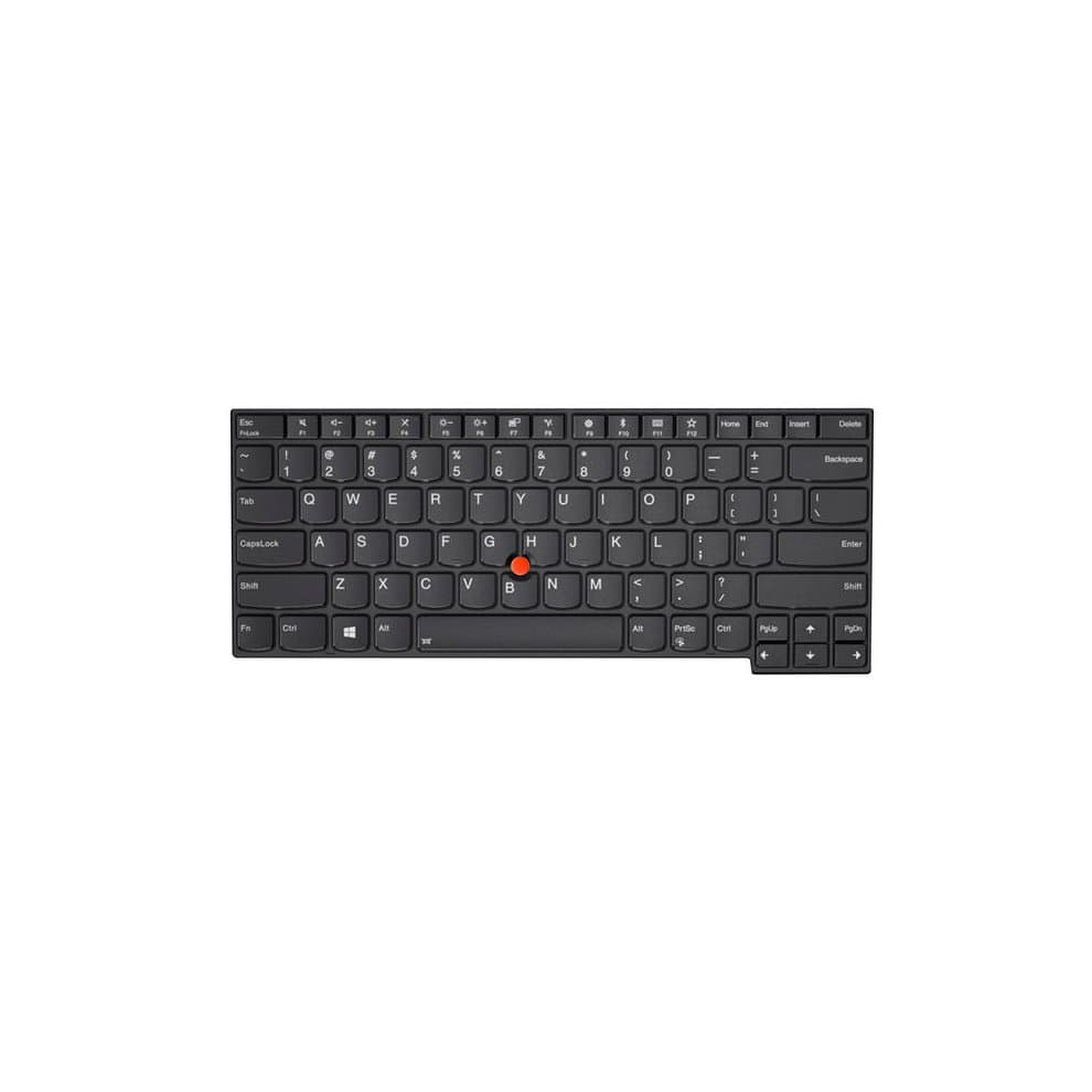 Black Lenovo laptop keyboard featuring a compact layout, with a distinct red TrackPoint in the center and standard key arrangement.