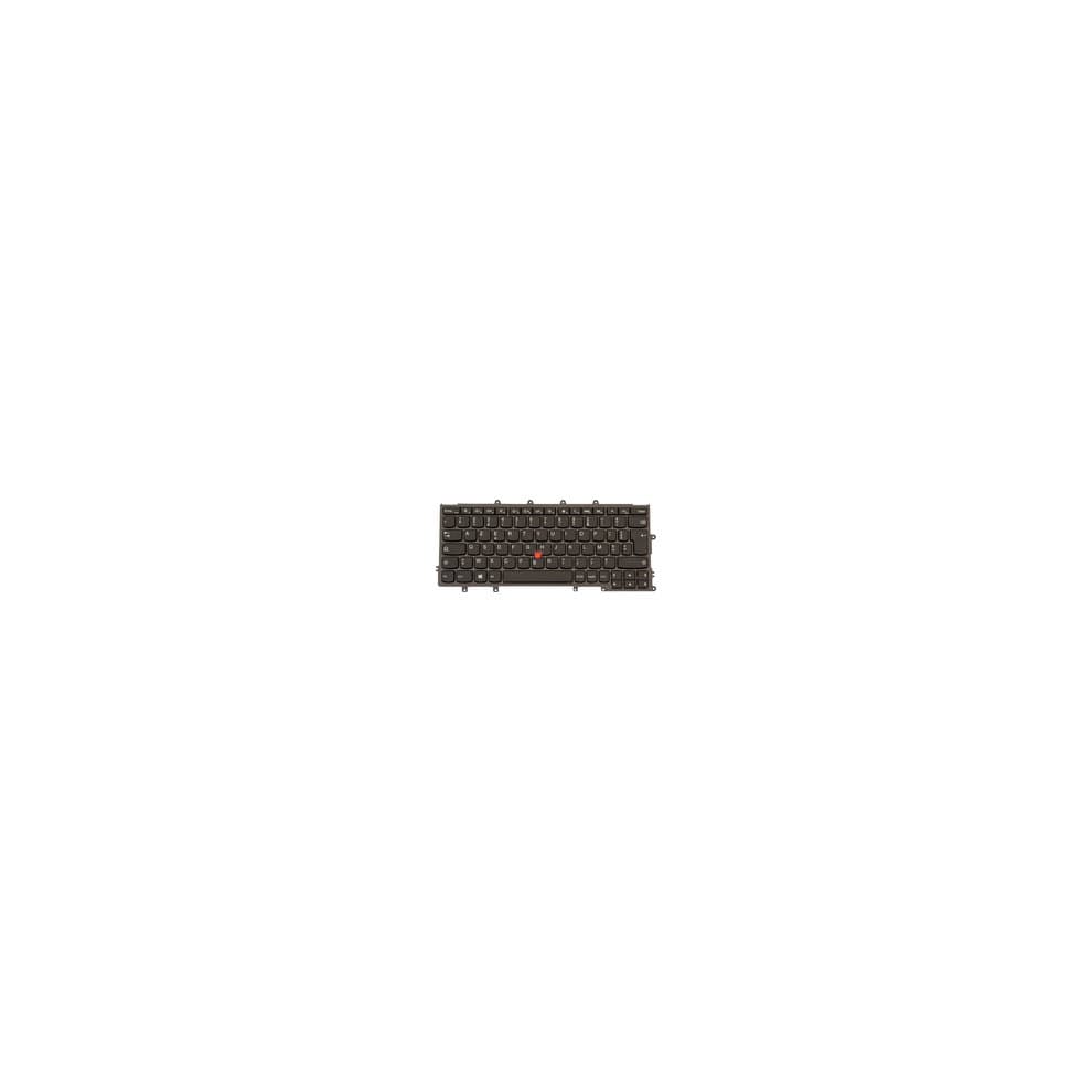 Black Lenovo laptop keyboard with a compact layout, featuring flat keys and a red TrackPoint in the center, designed for Lenovo models.