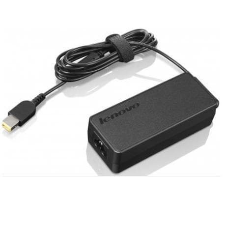 Black Lenovo 0A36268 power adapter with a sleek design, featuring a 65 W output, a sturdy casing, and a coiled cable secured with a strap.