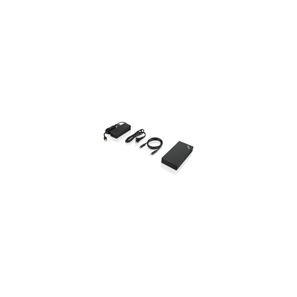 Black Lenovo 40AS0090DK laptop dock with a sleek design, includes a power adapter and USB cables, featuring multiple ports for connectivity.